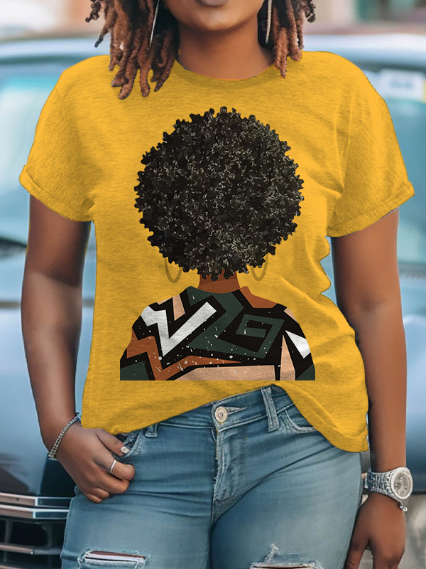 Women's African Natural Hair Art Print Cotton Casual T-Shirt
