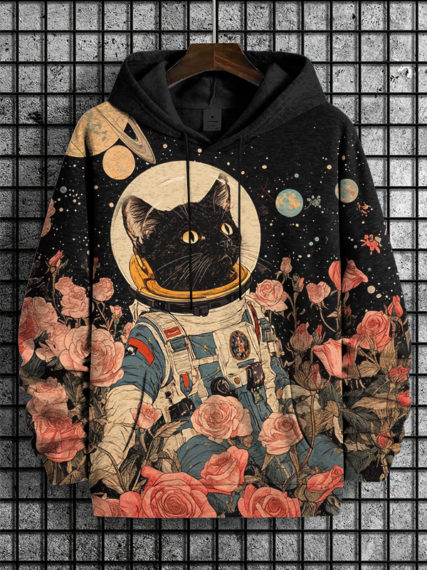 Men's Valentine's Day Black Cat Astronaut Enters Outer Planet Rose Field Print Casual Hoodie