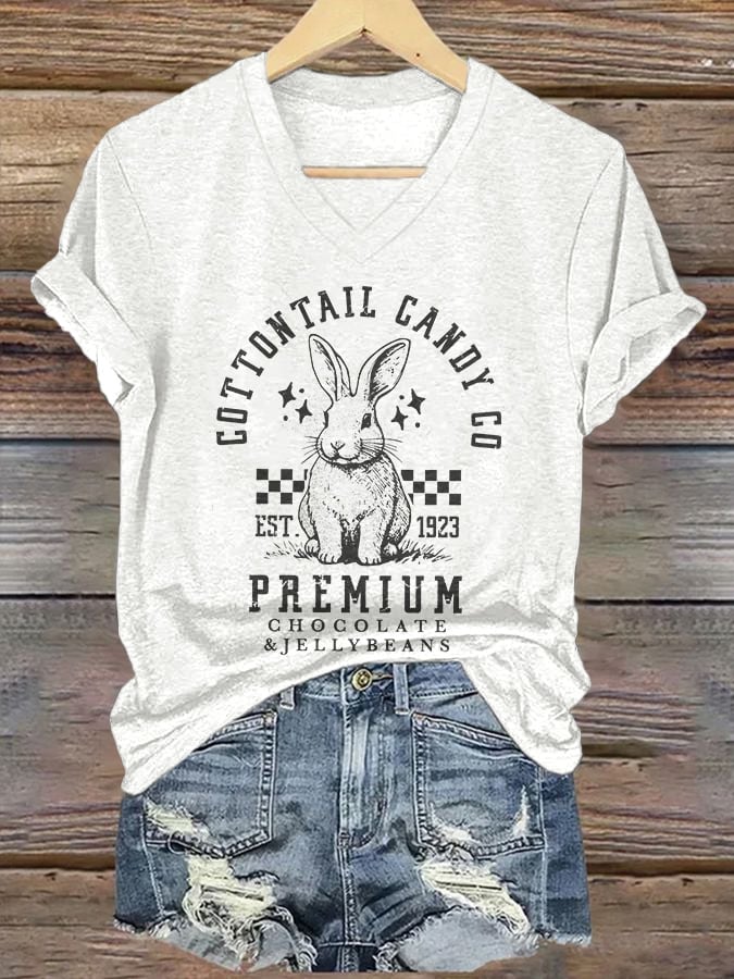 Women's Cottontail Candy Company Easter Bunny Printed V Neck T-Shirt