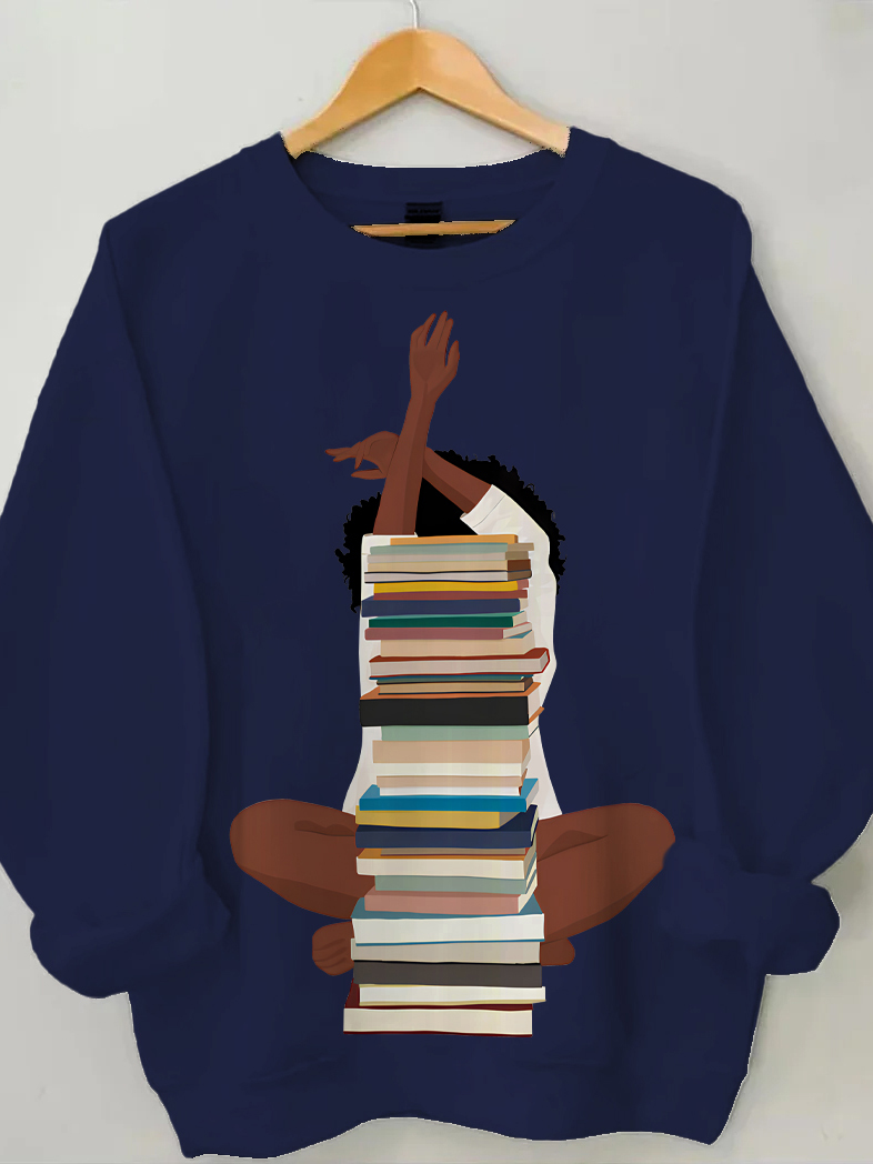 Women's Reading Lover Graphic Print Cotton Long Sleeve T-Shirt Thin Sweatshirt