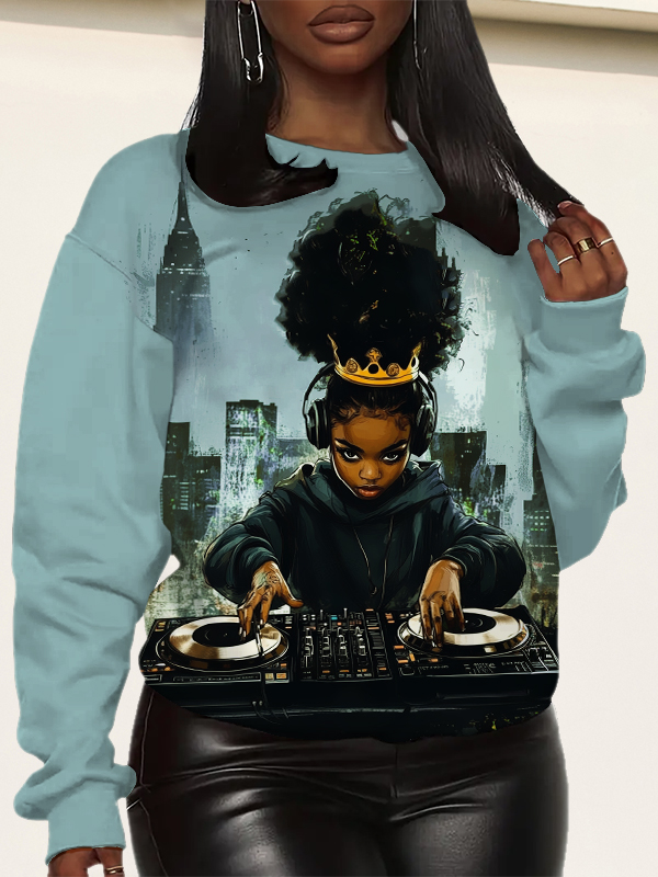 Women's Black Queen DJ Girl Music Lover Art Print Sweatshirt