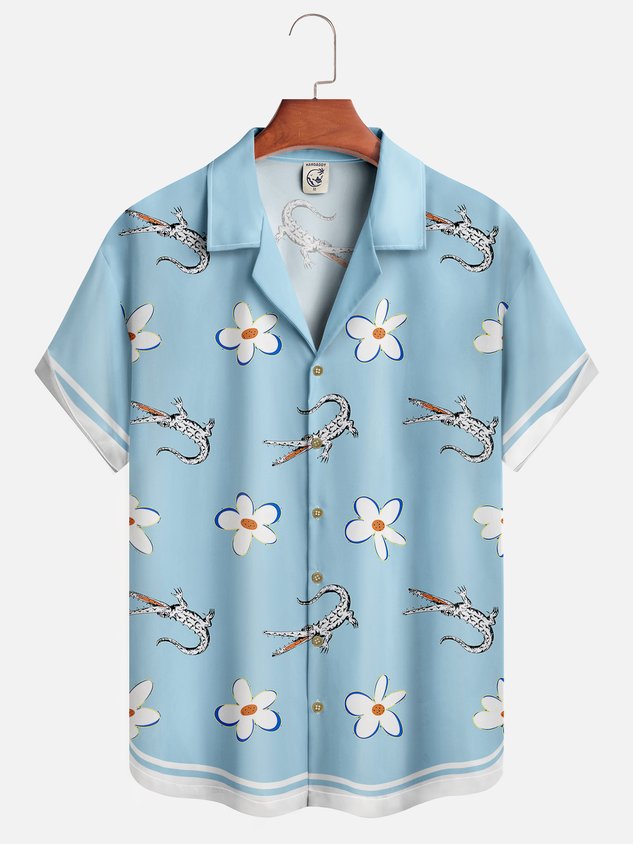 Moisture Wicking White Lotus Crocodile Chest Pocket Hawaiian Shirt