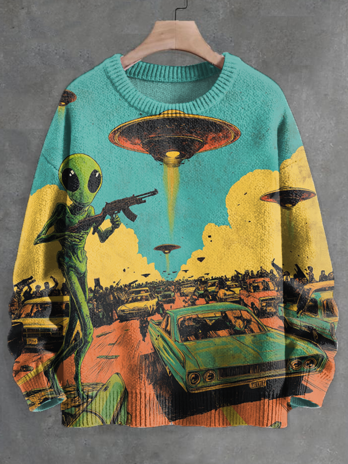 Men's UFO Aliens Holding Guns Cars Print Knit Sweatshirt