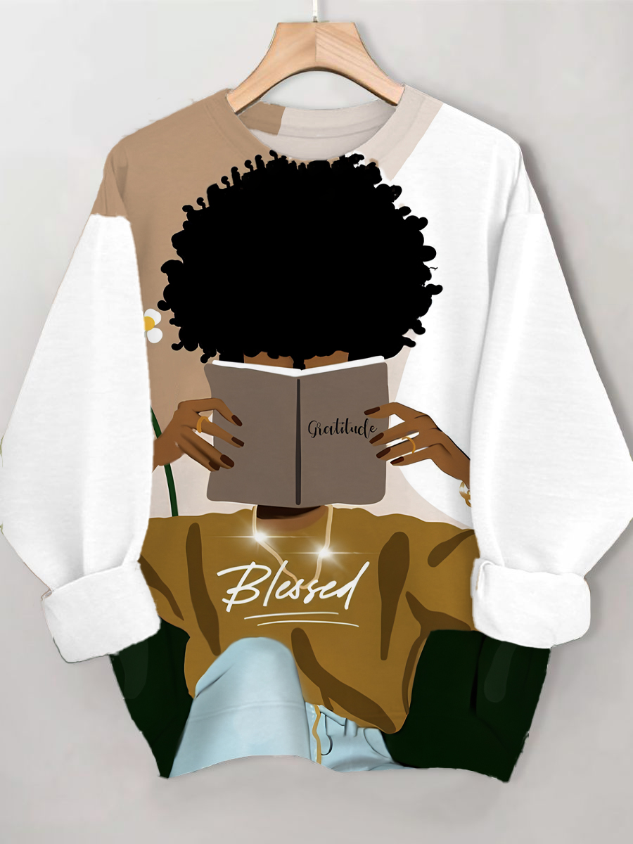 Women's Black Girl Reading Art Print Casual Sweatshirt
