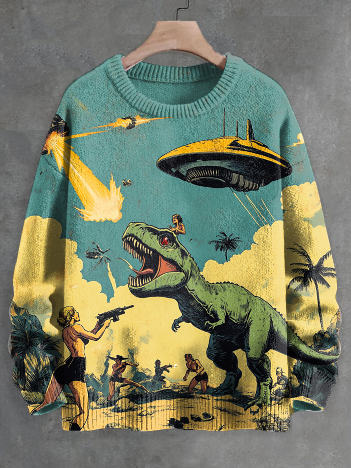 Men's Retro Dinosaur UFO Sci-Fi Art Comic Print Knit Sweatshirt
