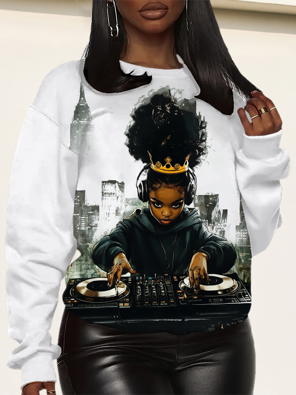Women's Black Queen DJ Girl Music Lover Art Print Sweatshirt