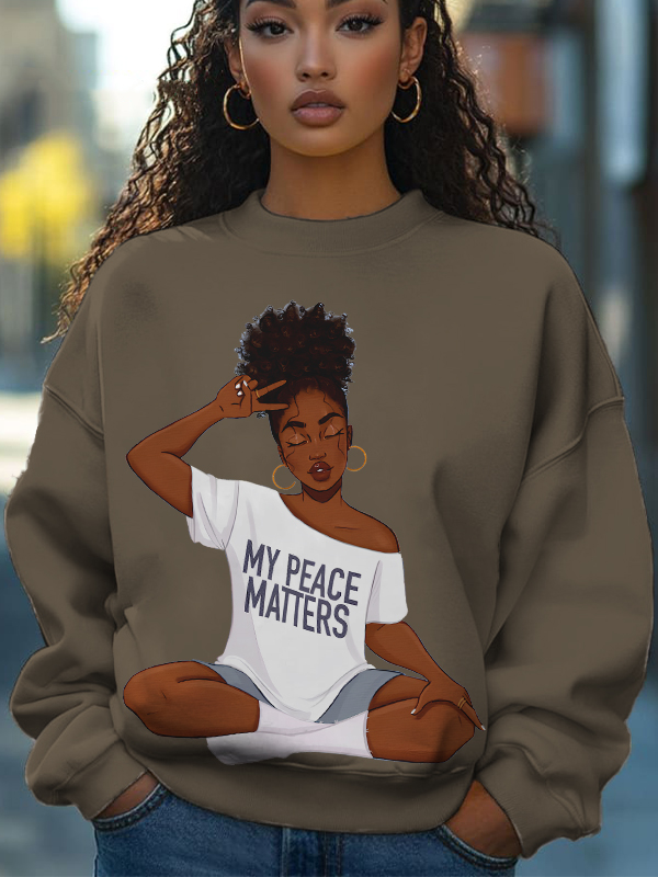 Women's My Peace Matters Slogan Print Cotton Long Sleeve T-Shirt Thin Sweatshirt