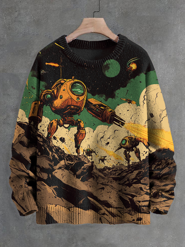 Men's Alien Invasion Robot Wars Art Print Knit Sweatshirt