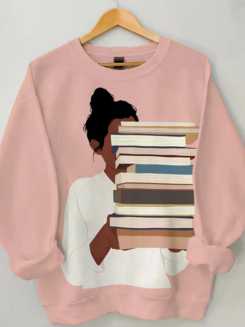 Women's Reading Lover Illustration Print Cotton Long Sleeve T-Shirt Thin Sweatshirt