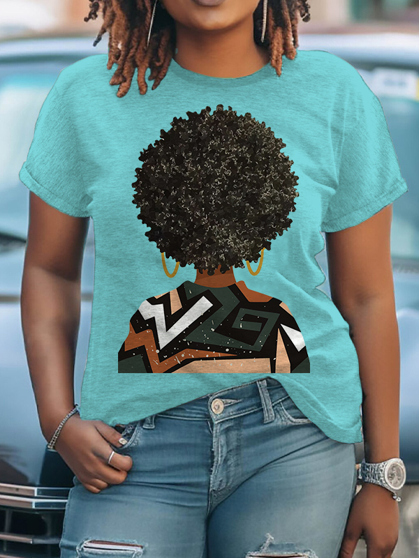 Women's African Natural Hair Art Print Cotton Casual T-Shirt