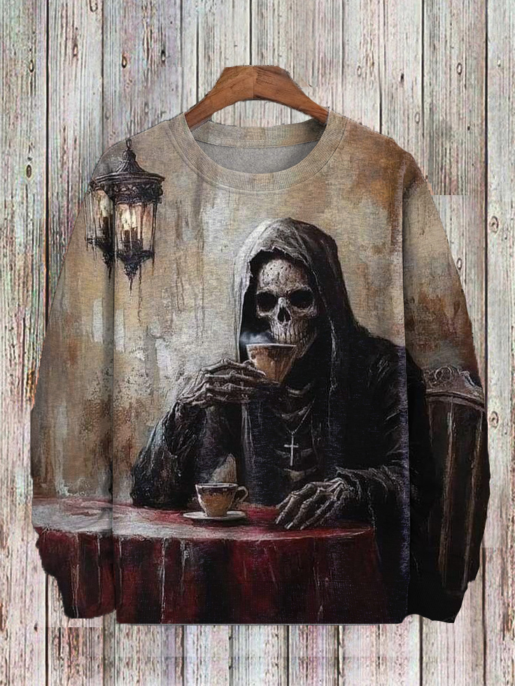 Men's Horror Skull Tasting Tea Dark Art Print Casual Sweatshirt