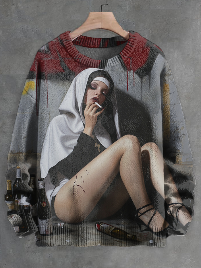 Men's Retro Street Rebellious Nun Smokes Print Knit Sweatshirt