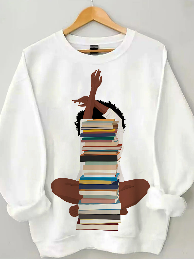 Women's Reading Lover Graphic Print Cotton Long Sleeve T-Shirt Thin Sweatshirt