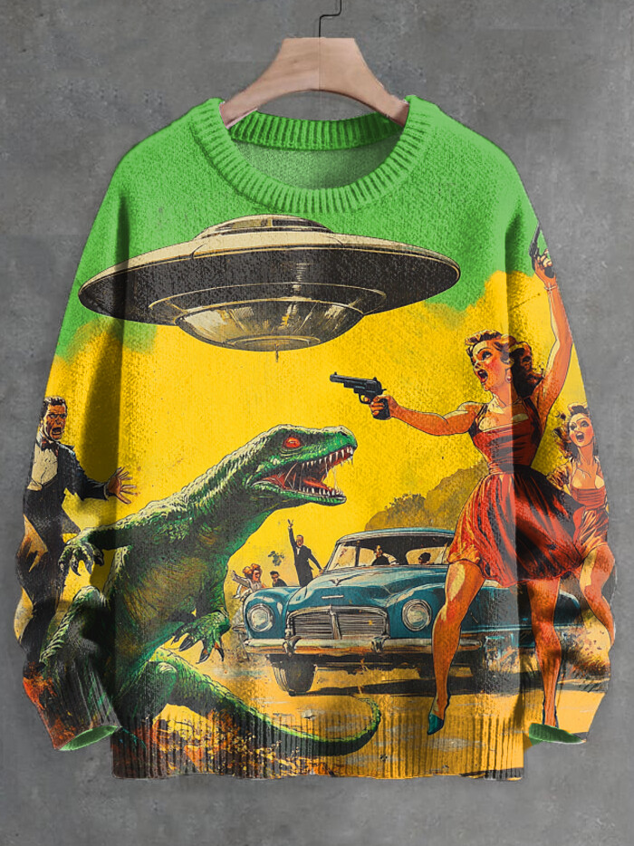 Men's UFO Alien Species Human Combat Print Knit Sweatshirt