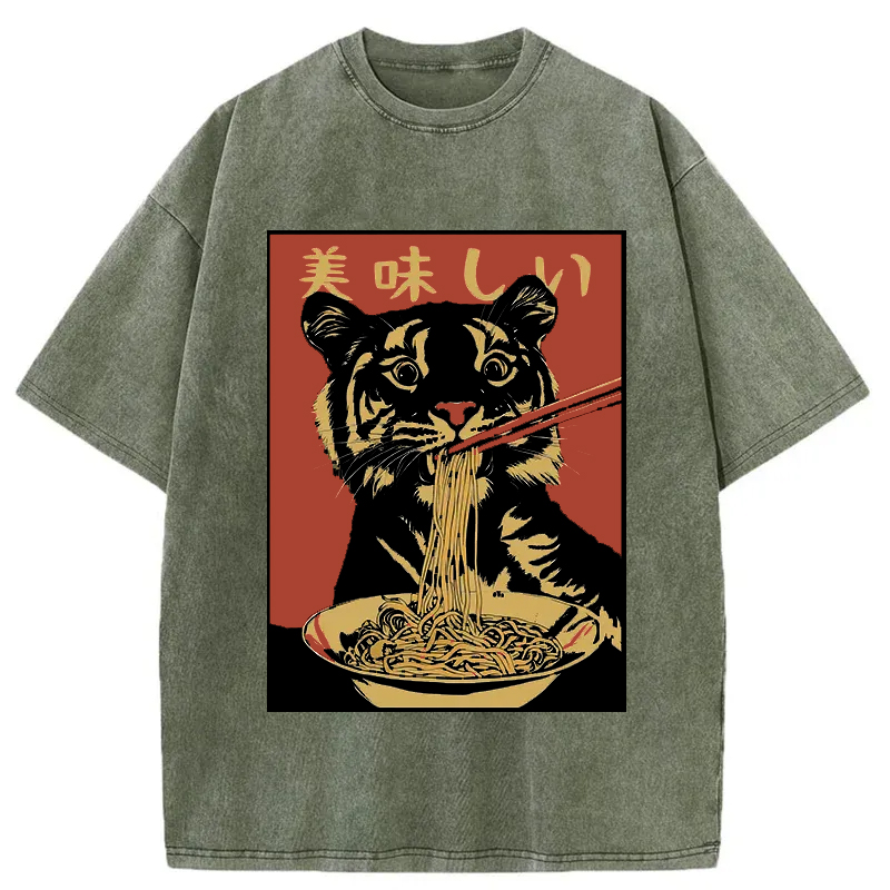 Tokyo-Tiger Tiger Eating Delicious Ramen Washed T-Shirt