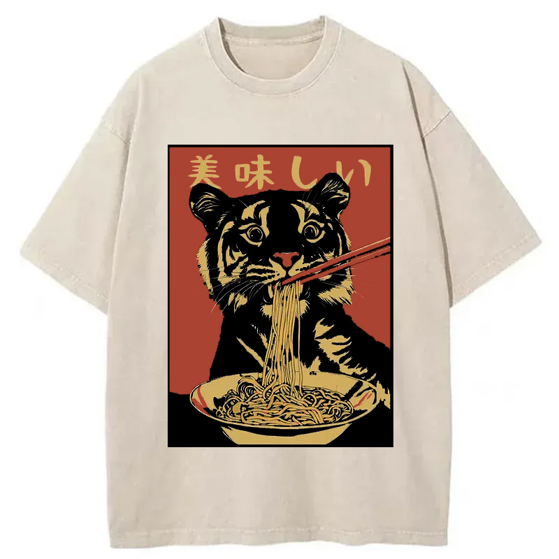 Tokyo-Tiger Tiger Eating Delicious Ramen Washed T-Shirt