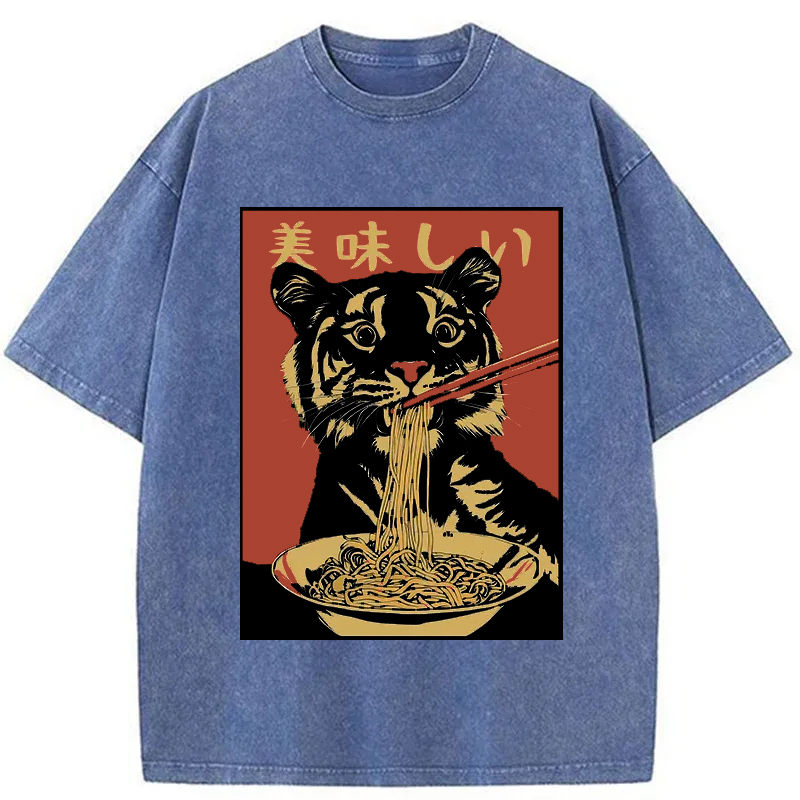Tokyo-Tiger Tiger Eating Delicious Ramen Washed T-Shirt