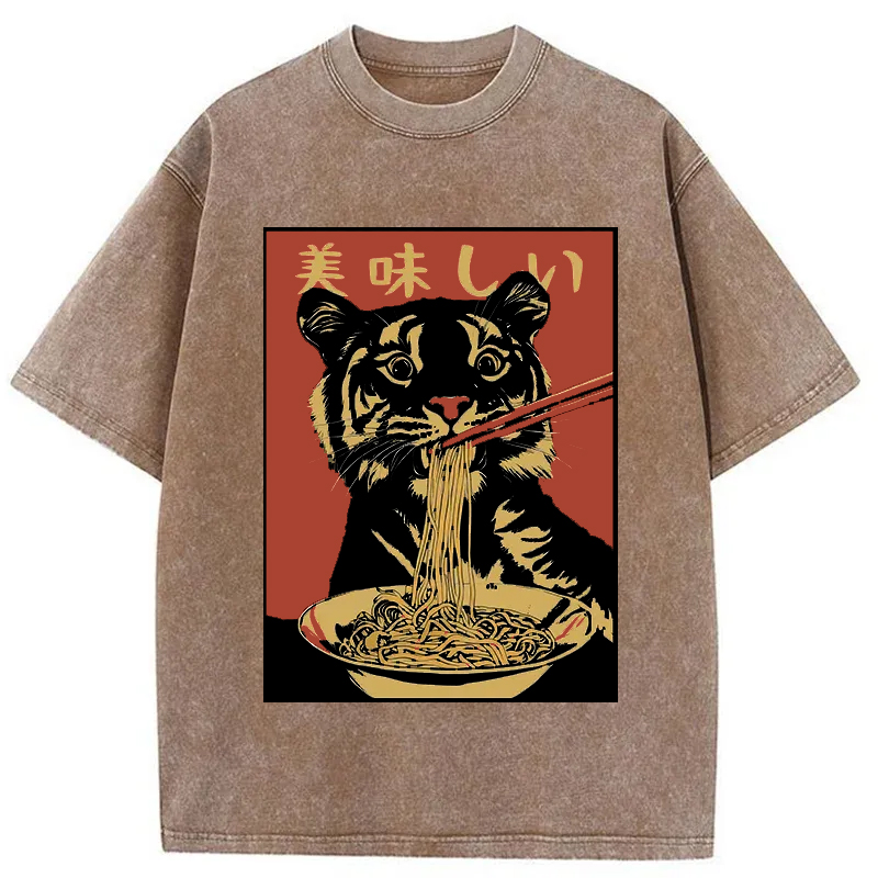 Tokyo-Tiger Tiger Eating Delicious Ramen Washed T-Shirt