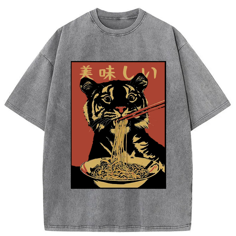Tokyo-Tiger Tiger Eating Delicious Ramen Washed T-Shirt