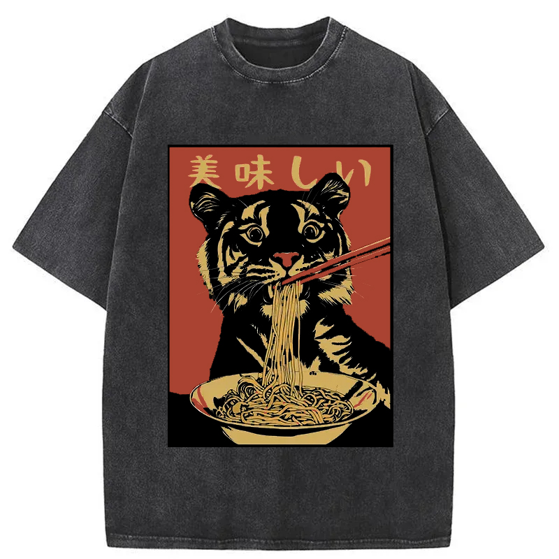 Tokyo-Tiger Tiger Eating Delicious Ramen Washed T-Shirt