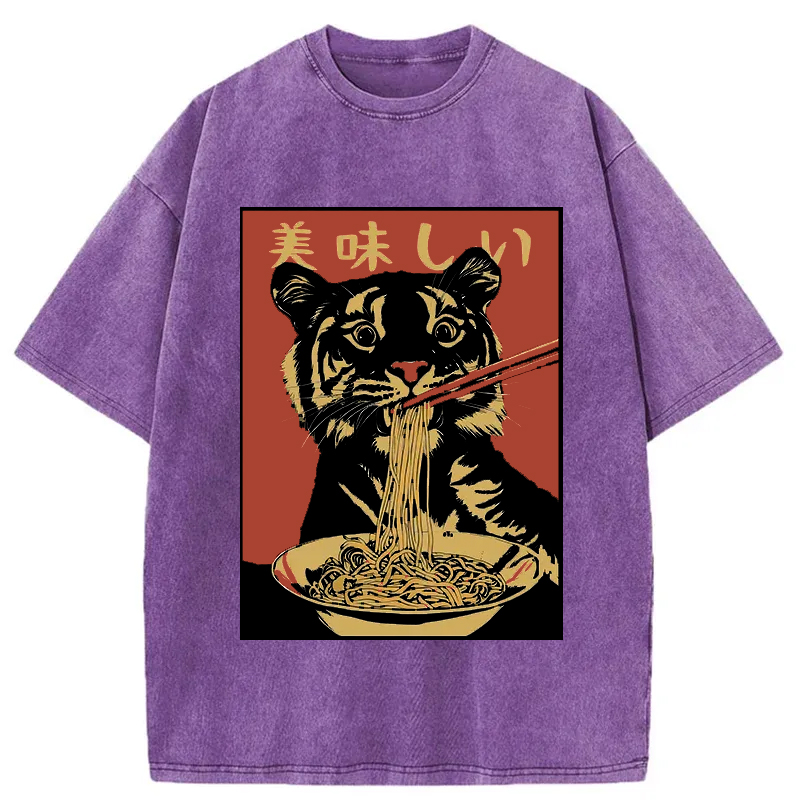 Tokyo-Tiger Tiger Eating Delicious Ramen Washed T-Shirt