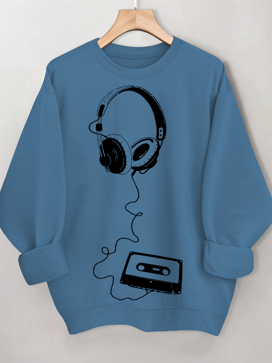 Women's Retro Headphones Music Cassette Art Print Cotton Casual Sweatshirt