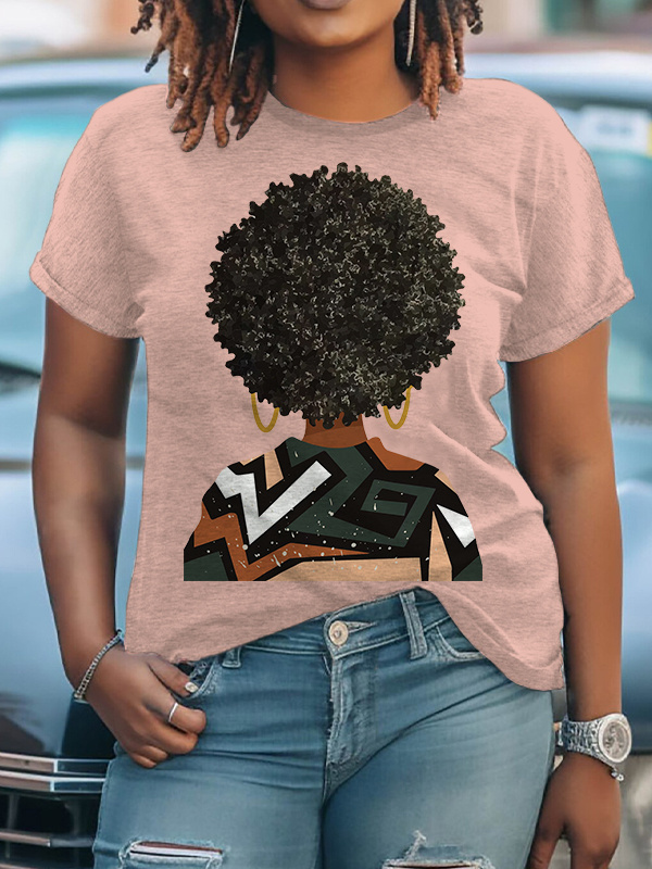 Women's African Natural Hair Art Print Cotton Casual T-Shirt