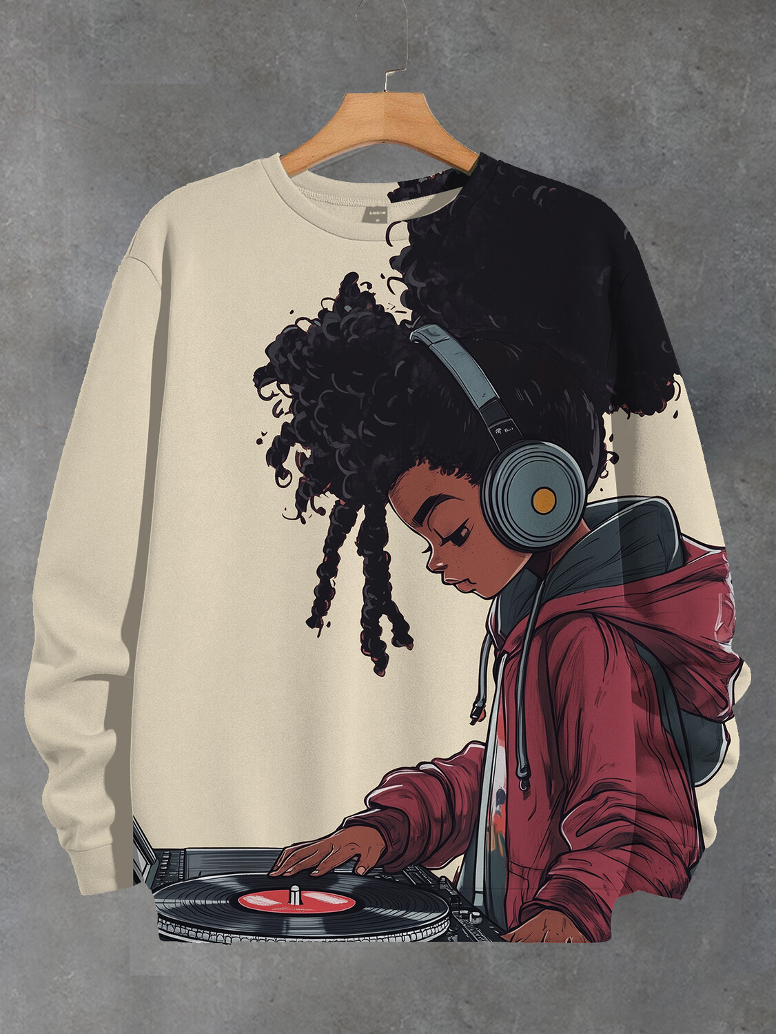 Women's Curly-Haired Black Girl With Headphones DJ Art Print Casual Sweatshirt