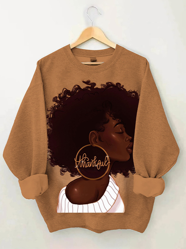 Women's Big Earrings Off The Shoulder Black Girl Portrait Art Print Casual Sweatshirt
