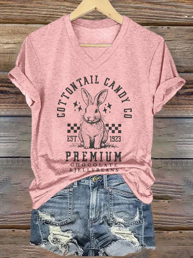 Women's Cottontail Candy Company Easter Bunny Printed V Neck T-Shirt