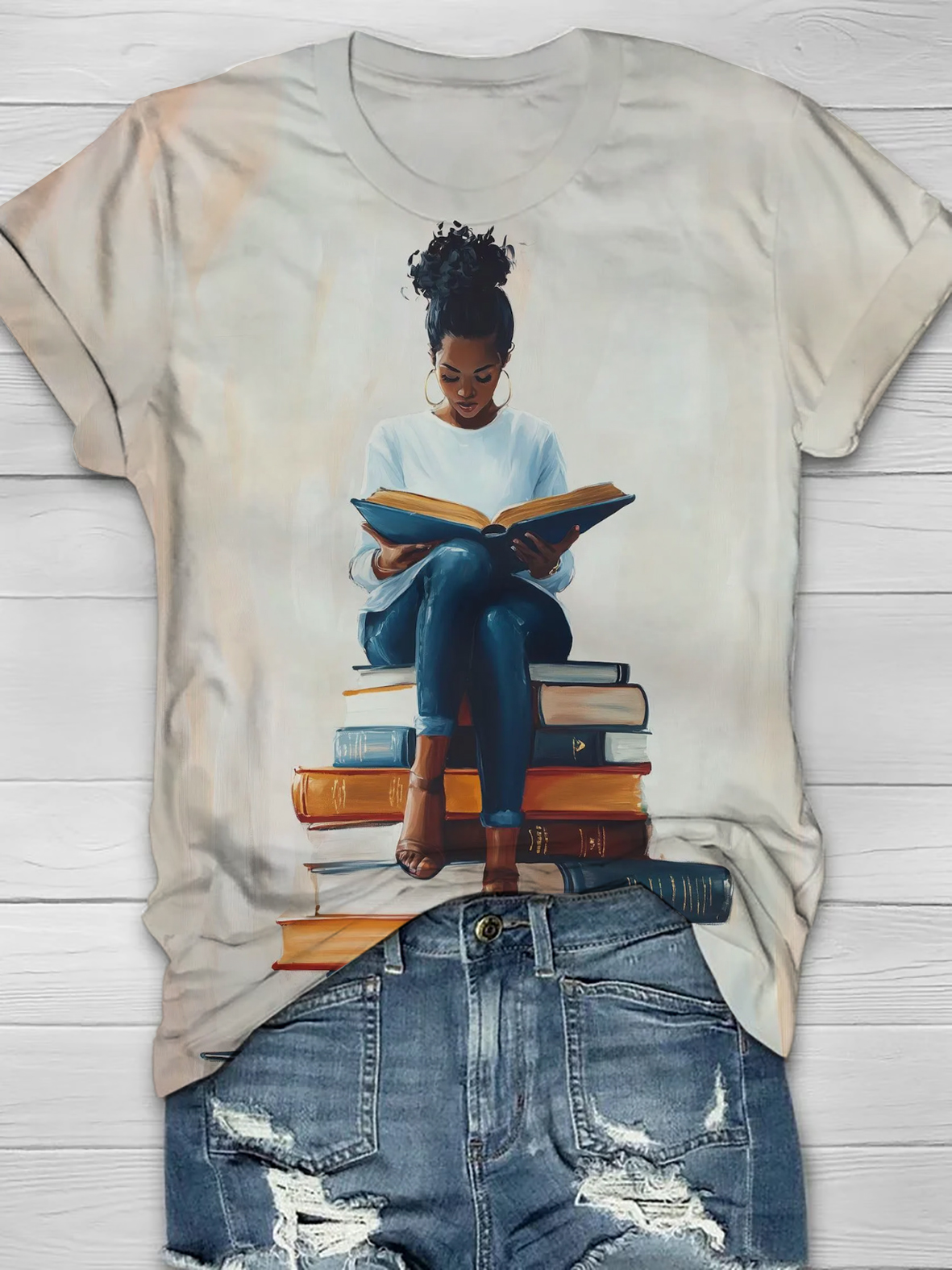 Women's Black Girl Reading Lover Art Print Casual T-Shirt