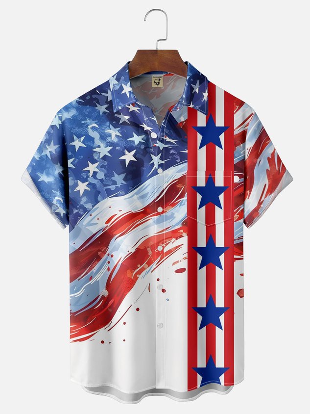 Moisture-wicking American Flag Memorial Day Chest Pocket Casual Shirt