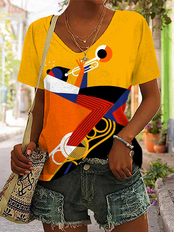Women's Retro Color Block Splicing Art Trumpeter Abstract Print Casual V Neck T-Shirt