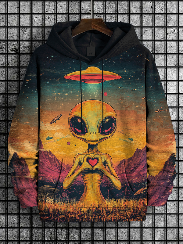 Men's Valentine's Day Alien Heart Gesture Print Casual Hoodie