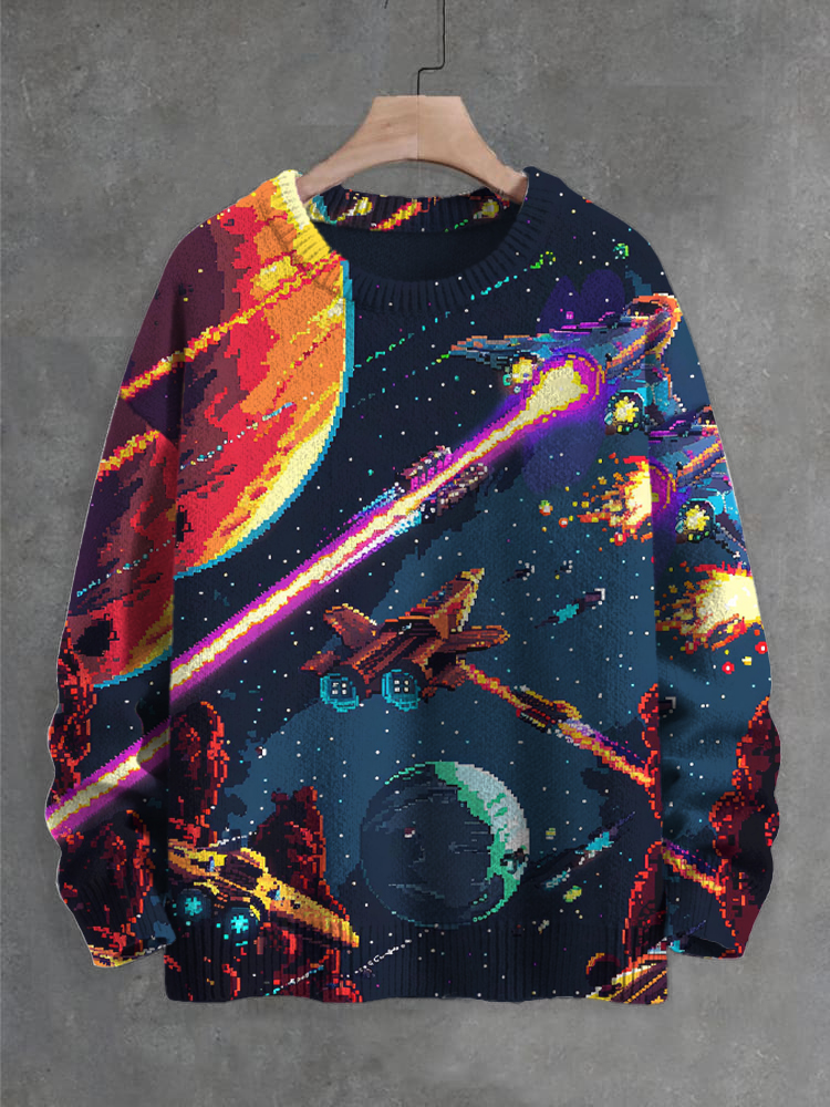 Men's Outer Space Spaceships Pixel Art Print Knit Sweatshirt