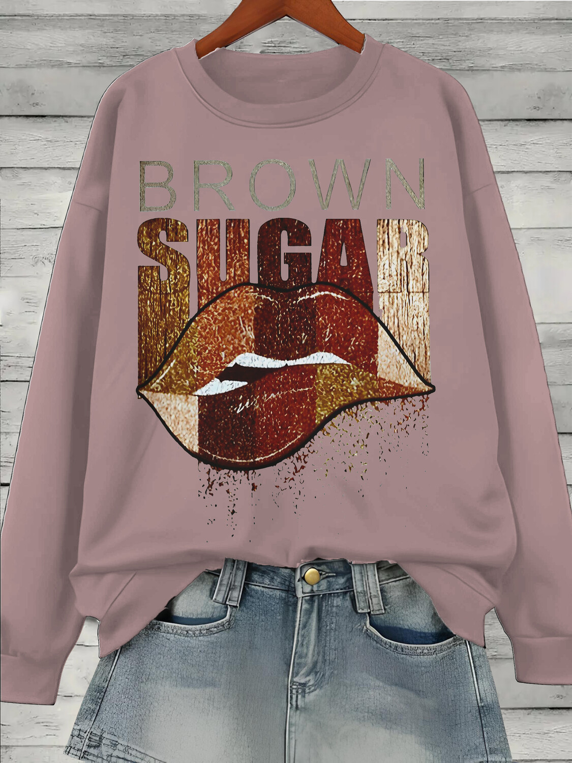 Women's Lip Brown Sugar Art Print Cotton Long Sleeve T-Shirt Thin Sweatshirt