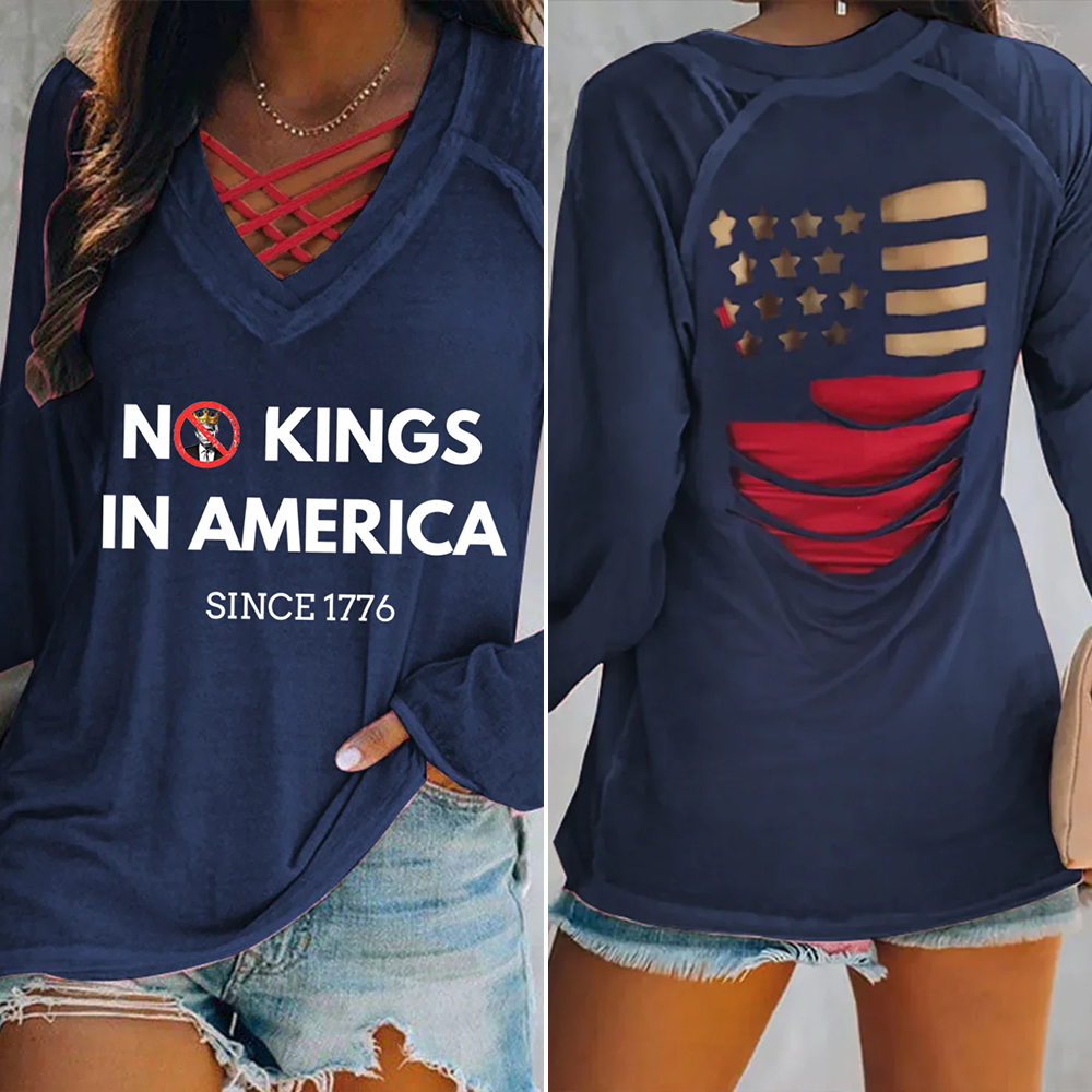  No Kings In America Hollow USA Flag Print Long Sleeve T-Shirt