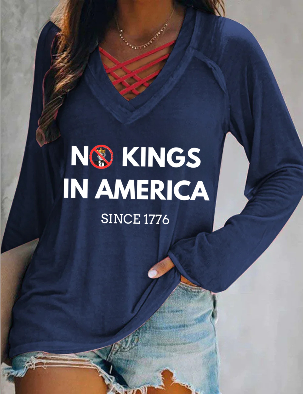  No Kings In America Hollow USA Flag Print Long Sleeve T-Shirt