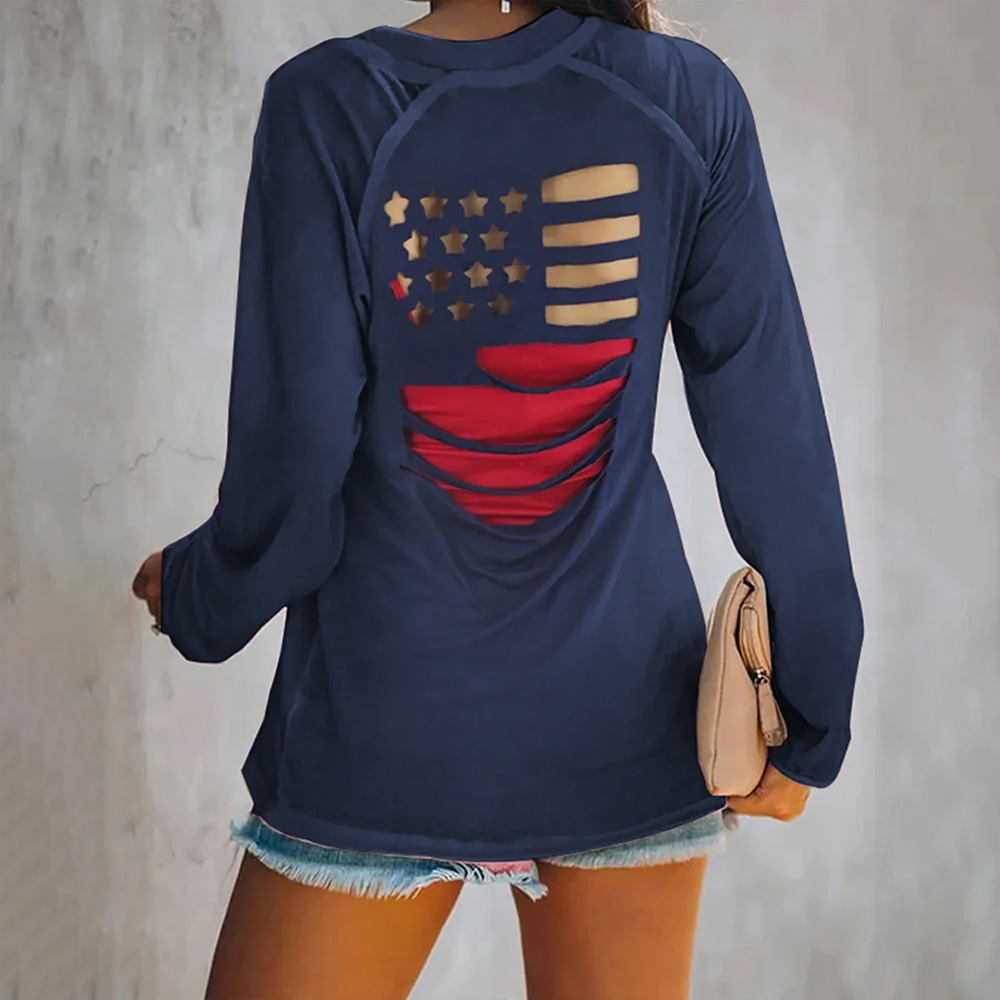 Is He Dead Yet? Hollow USA Flag Print Long Sleeve T-Shirt
