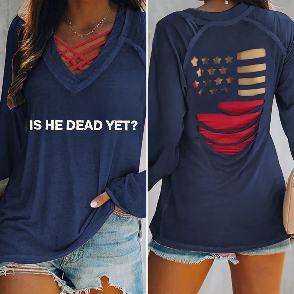 Is He Dead Yet? Hollow USA Flag Print Long Sleeve T-Shirt