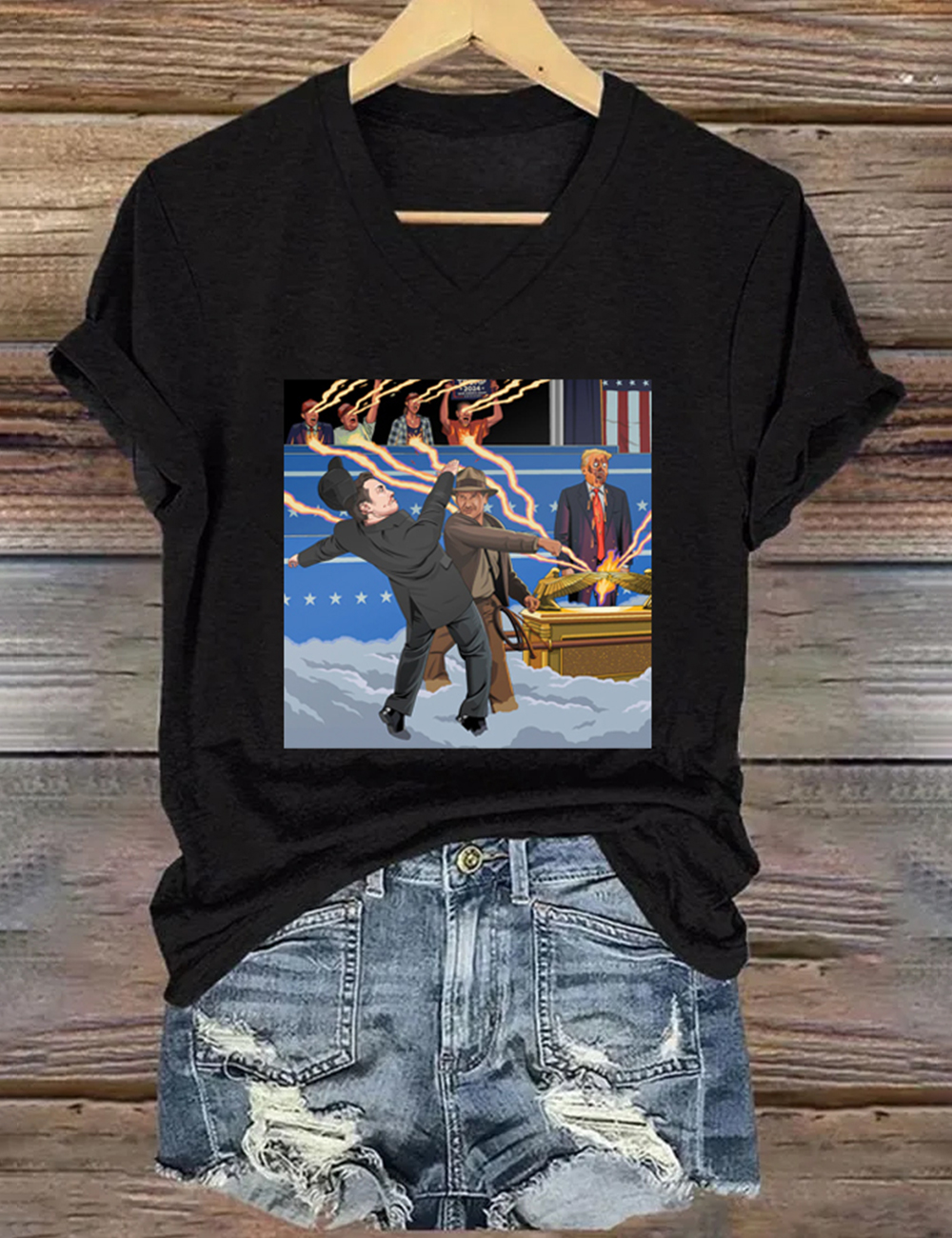 Indiana Jones Punching Elon Print T-Shirt