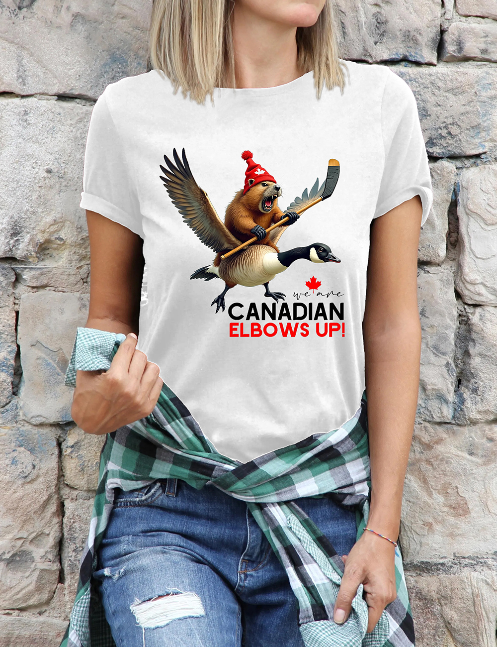 We Are Canadian Elbows Up Angry Beaver Flying Goose Bumper Print T-shirt