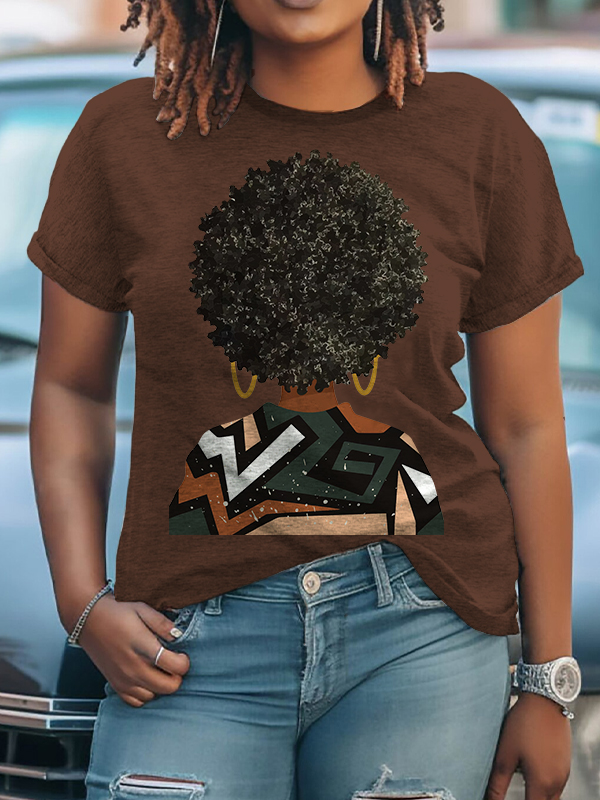 Women's African Natural Hair Art Print Cotton Casual T-Shirt