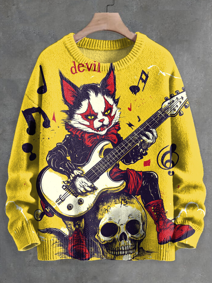 Men's Devil Fox Rock Guitar Skull Art Print Knit Sweatshirt