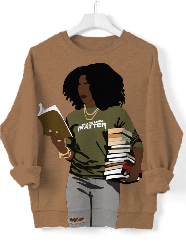 Women's Black Reading Enthusiasts Art Print Cozy Sweatshirt