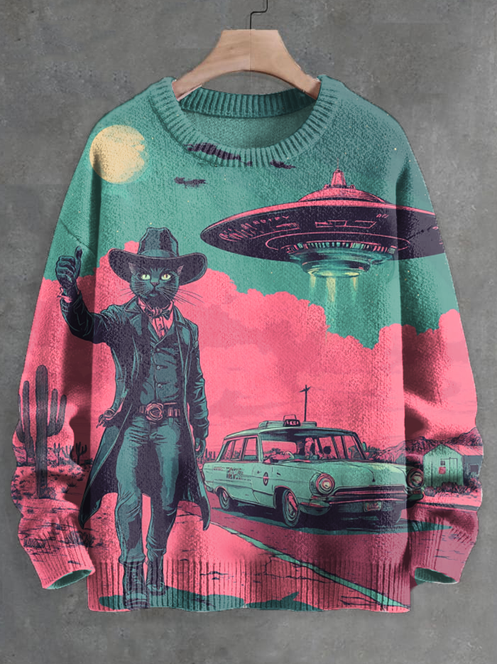 Men's Western Cowboy Cat Meets UFO Art Print Knit Sweatshirt