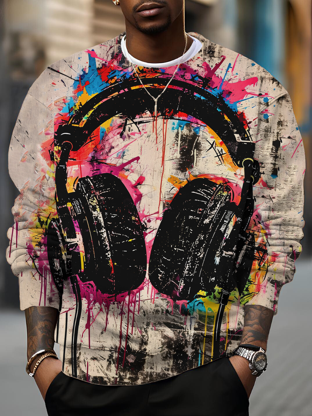 Men's Graffiti Art Headphone Print Casual Sweatshirt
