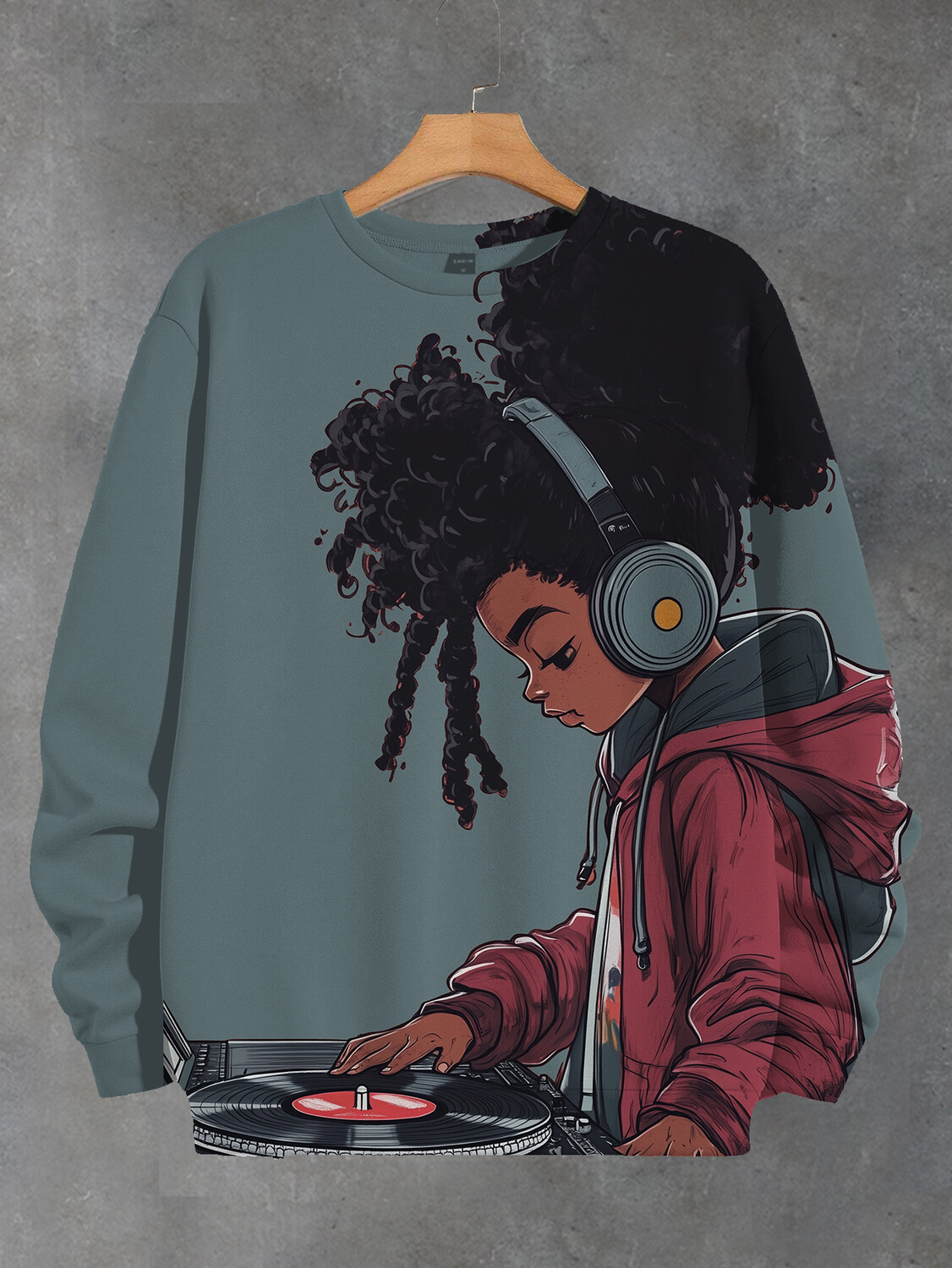 Women's Curly-Haired Black Girl With Headphones DJ Art Print Casual Sweatshirt