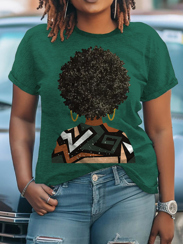 Women's African Natural Hair Art Print Cotton Casual T-Shirt
