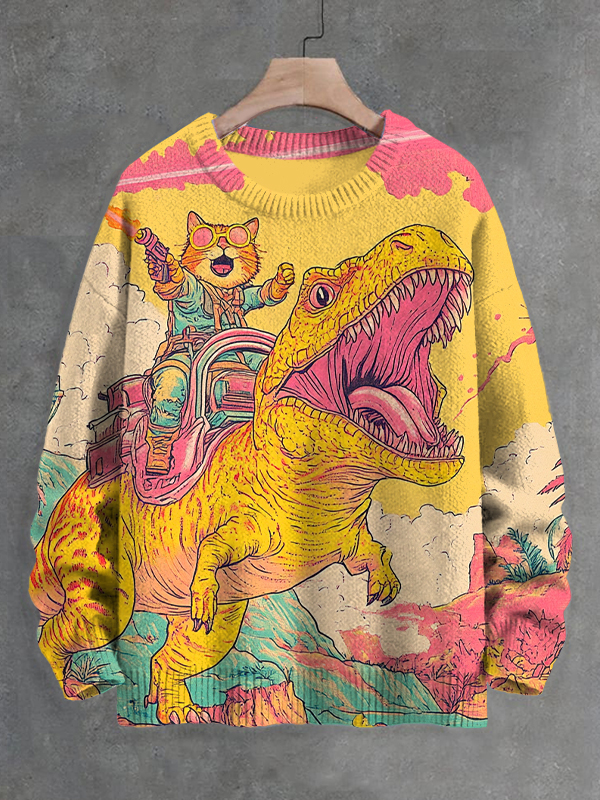Men's Cat And Dinosaur Fantasy Art Print Knit Sweatshirt